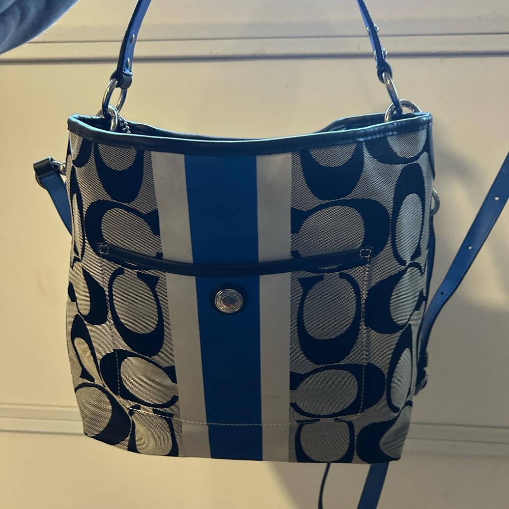 Coach Blue and Cream Signature Stripe Shoulder Bag